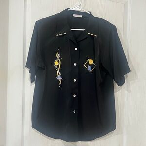 FINAL PRICE Vintage Just for Fun Black Shirt with Colorful Embroidery